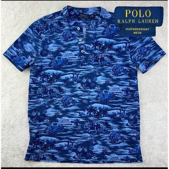 Polo Ralph Lauren Featherweight Mesh Shirt Men's Sm Blue Hawaiian Hula Henley - Picture 1 of 8